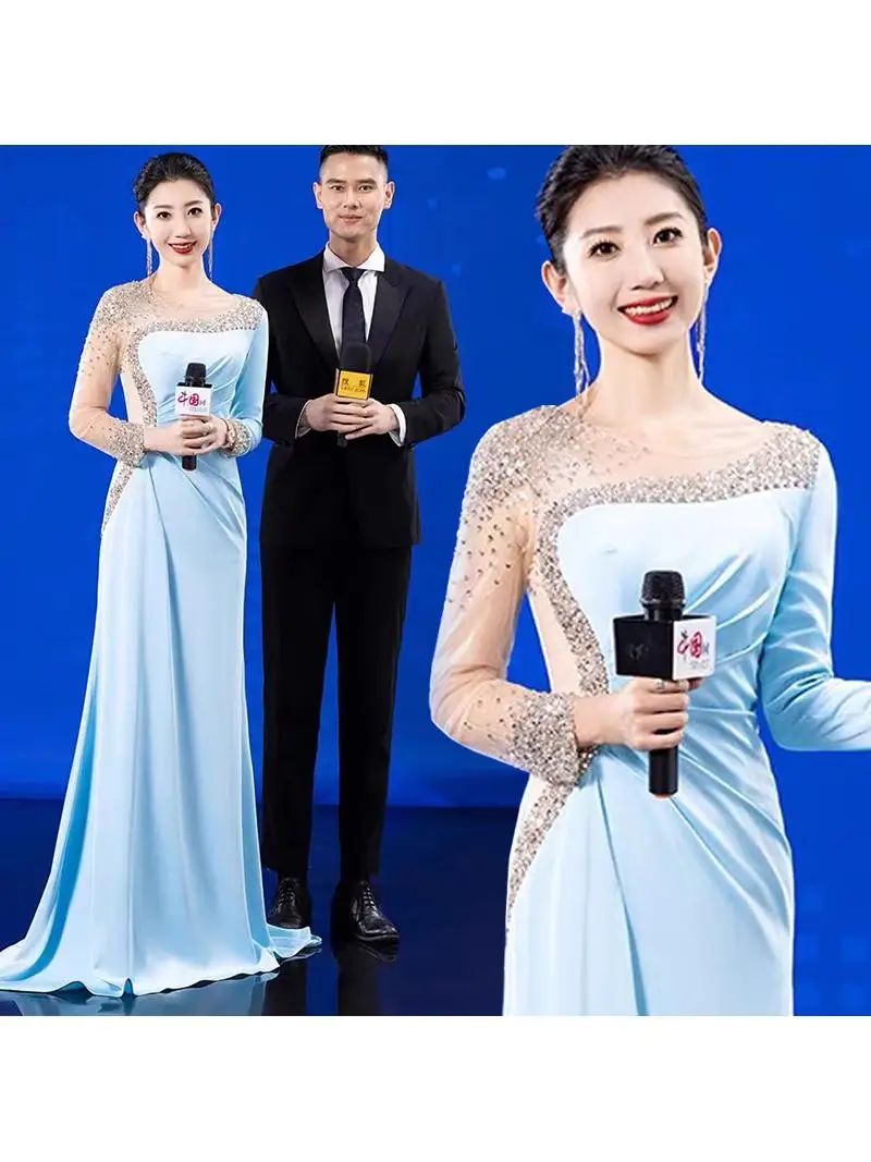 

Elegant Long Sleeveless Women's Dress Slimming Evening Gown for Company Annual Meeting Performance Polyester Fiber 100%