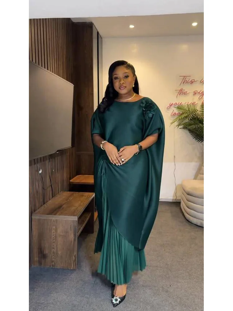 EGRM New Miyaki Pleated Pants Set Three-dimensional Flower Batwing Sleeve Long Dress And Wide Leg Pants Two Pieces Sets 9R6175 - Image 3