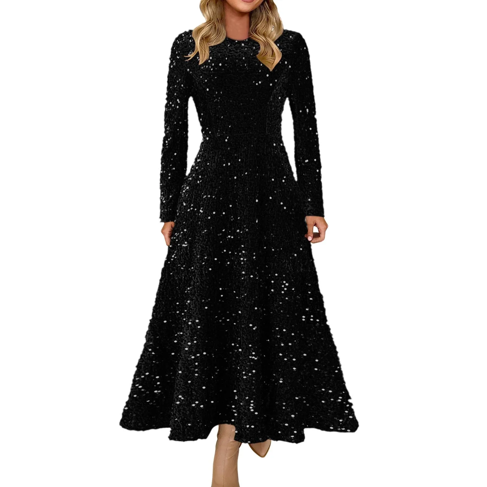 2024 Vintage Fashion Sequin Women Church Swing Dresses Long Sleeve O-Neck High Waist Elegant Glitter Banquet Party Evening Dress