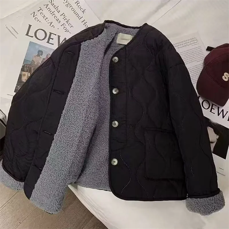 A Pink Lambswool Cotton-padded Jacket For Women In The Winter Of 2024 New Korean Version Of Thick Round Neck Lambswool Coat Top