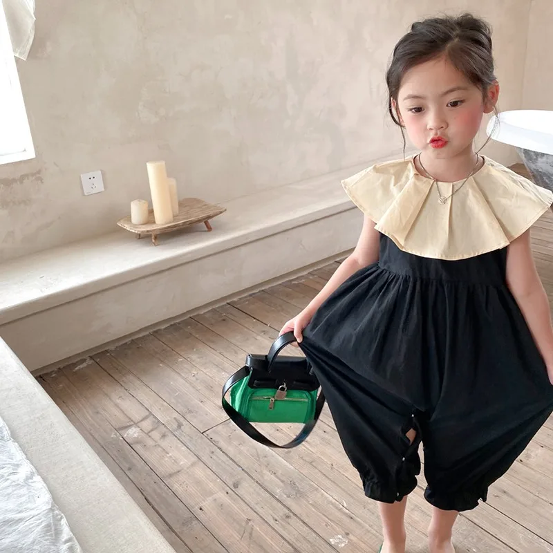 Children Girls Jumpsuit Big Cute Ruffled Collar Pants Summer Kids Girl Sleeveless Loose Legs Jumpsuits Kids Costumes Clothes