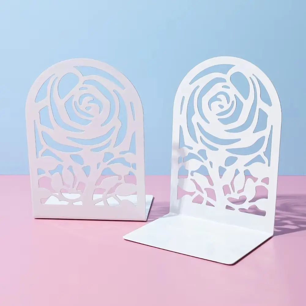 2Pcs Durable Metal Rose Bookends Non-slip Hollow Design Book Stoppers L Shaped White Book Supports Office