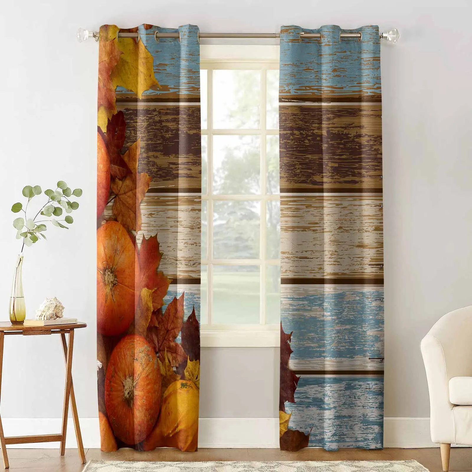 Thanksgiving Pumpkin Wood Grain Curtains for Living Room Window Decoration Curtains in Home Kitchen Luxury Bedroom Drapes