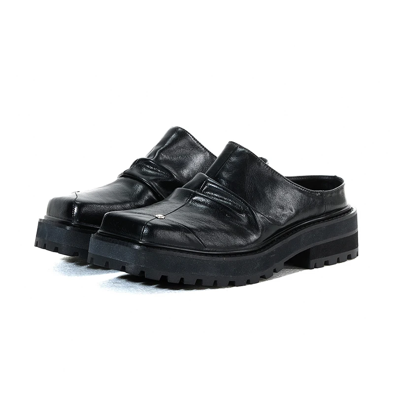 

Retro dark thick soled square headed cowhide Birken shoes for men's black minimalist derby slippers for both men and women