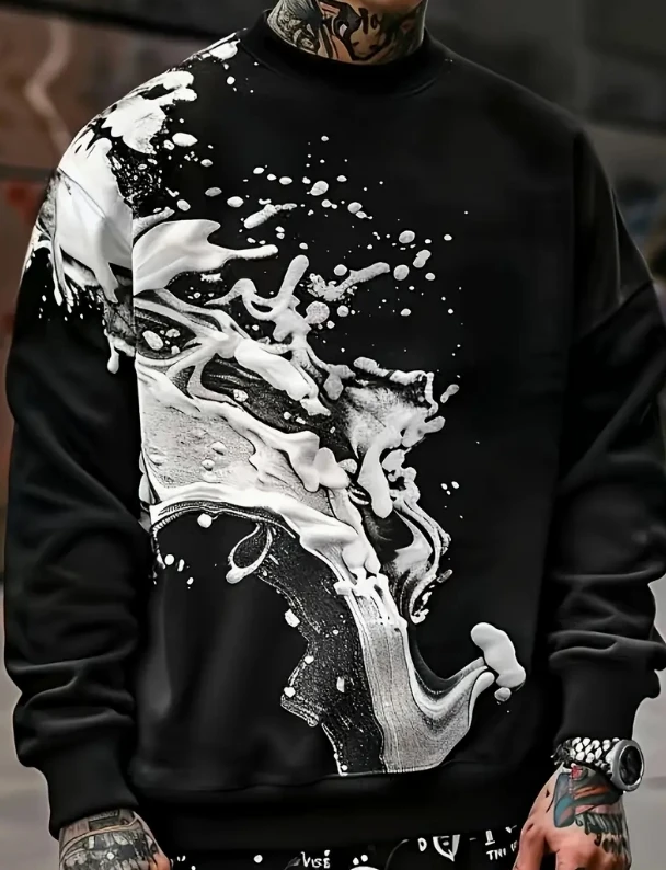 autumn hoodie men's loose and fashionable printed sweater plus size long sleeved top casual retro trend round neck shirt