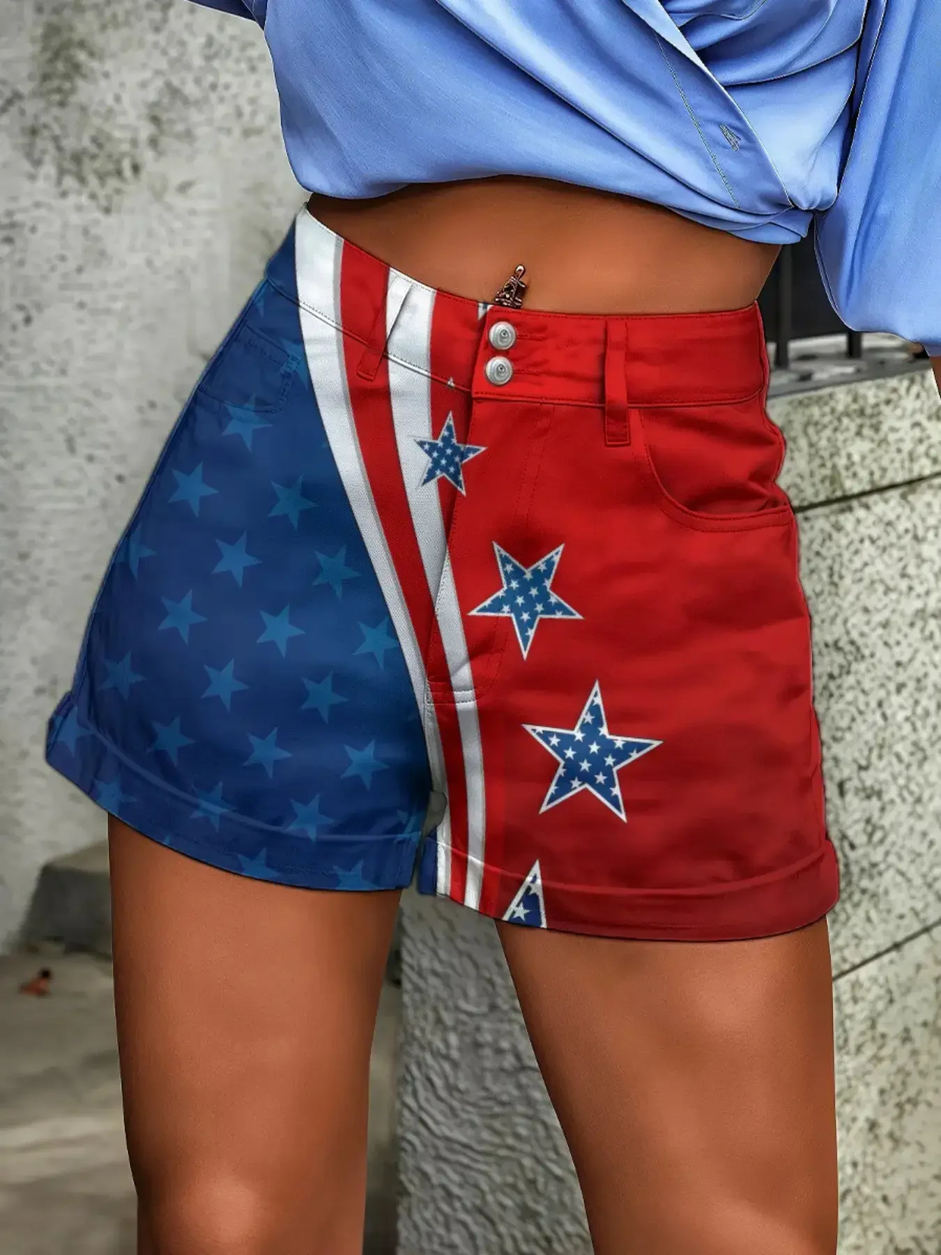 Women's new retro tropical floral graffiti tropical print imitation denim shorts - button closure,