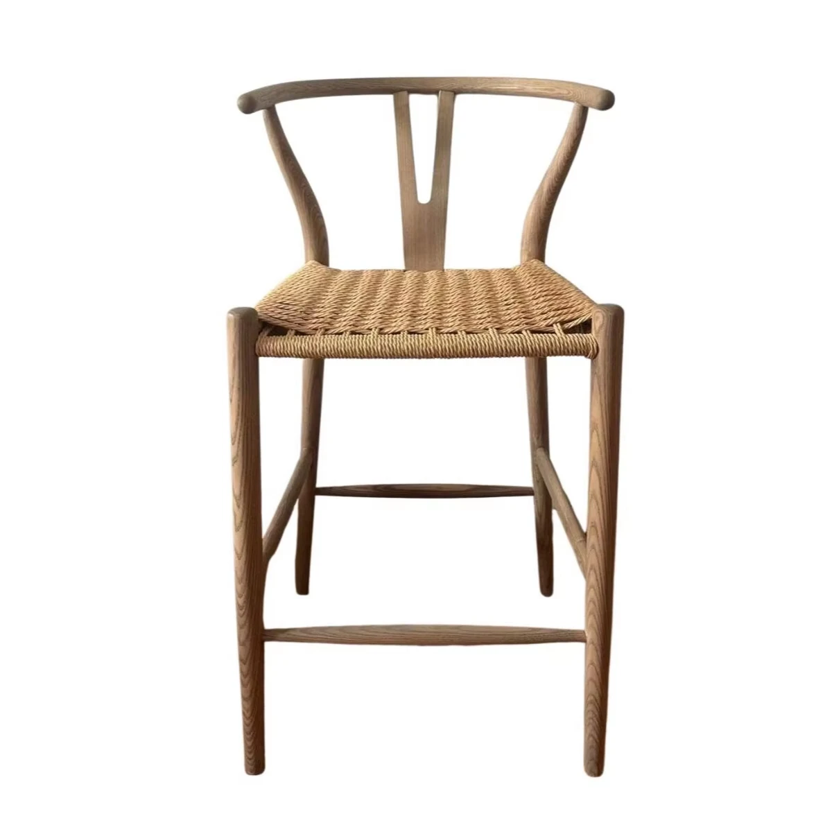 

P0068 French Wishbone Pastoral Style Curved Backrest Paper Rope Cushion Solid Ash Wood Frame Dining Barstool Kitchen Bar Chair