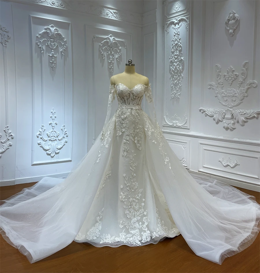 Customized M105 Simple Off The Shoulder Applique Lace Mermaid Bridal Dress With Detachable Skirt