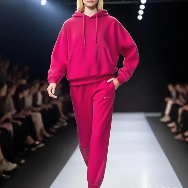 Autumn Solid Fleece Sweatshirt Outfit Women Casual Drawstring Hooded Top Pullover & Long Pant Suit Winter Long Sleeve Simple Set