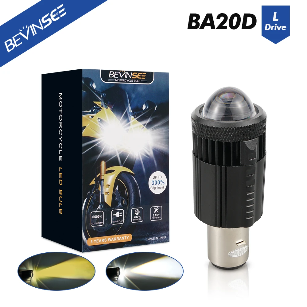 BEVINSEE BA20D H6 Motorcycle LED Headlight Bulbs 35W Hi/Low Beam LED Lamp With Lens Super Bright 3000K Yellow 6000K White 12V