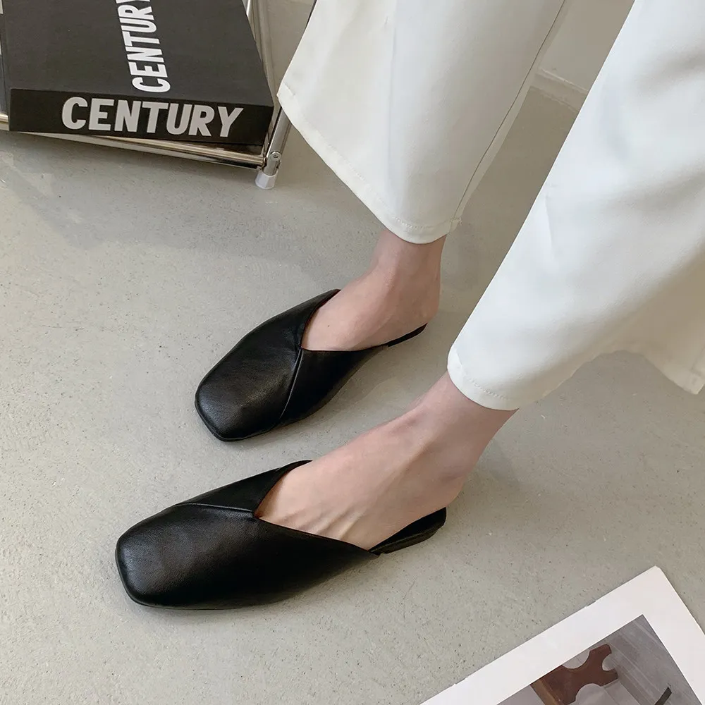 Elegant square toe covered flat slippers  leather women's shoes closed toe half slippers outdoor wear backless and comfortable