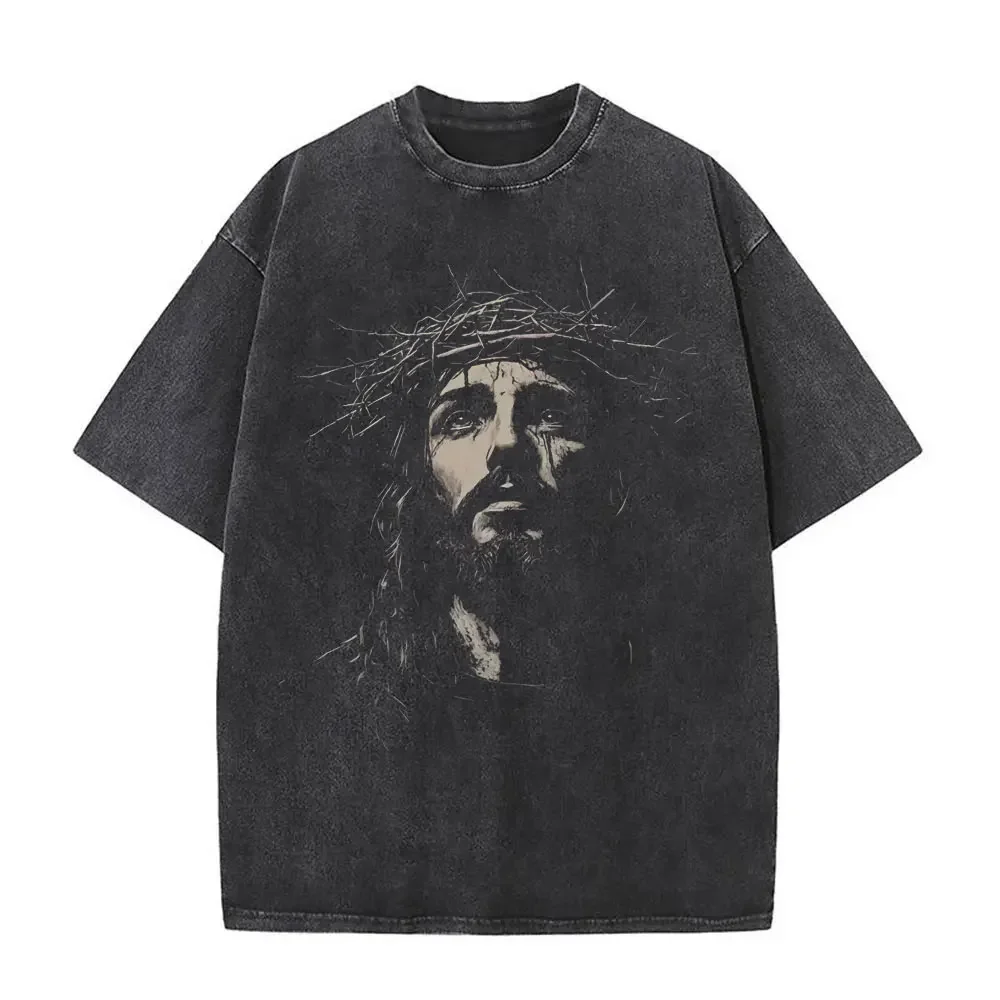 เสื้อยืดลายกราฟิกวินเทจ Jesus Is King เสื้อยืดแขนสั้นสไตล์คริสเตียนสำหรับผู้ชายและผู้หญิง เสื้อยืดโอเวอร์ไซส์สไตล์โกธิคและร็อค