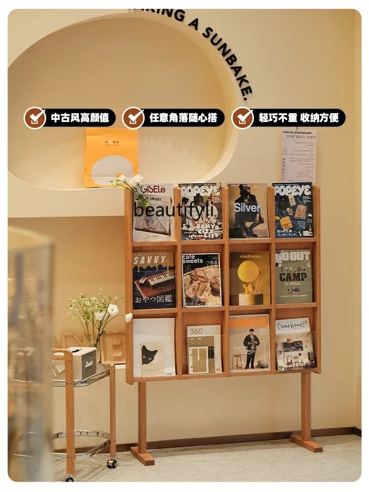 X Medieval Solid Wood Reading Display Magazine Bookshelf Japanese Newspaper Storage Rack CD Holder Floor-Type File Showing Stand