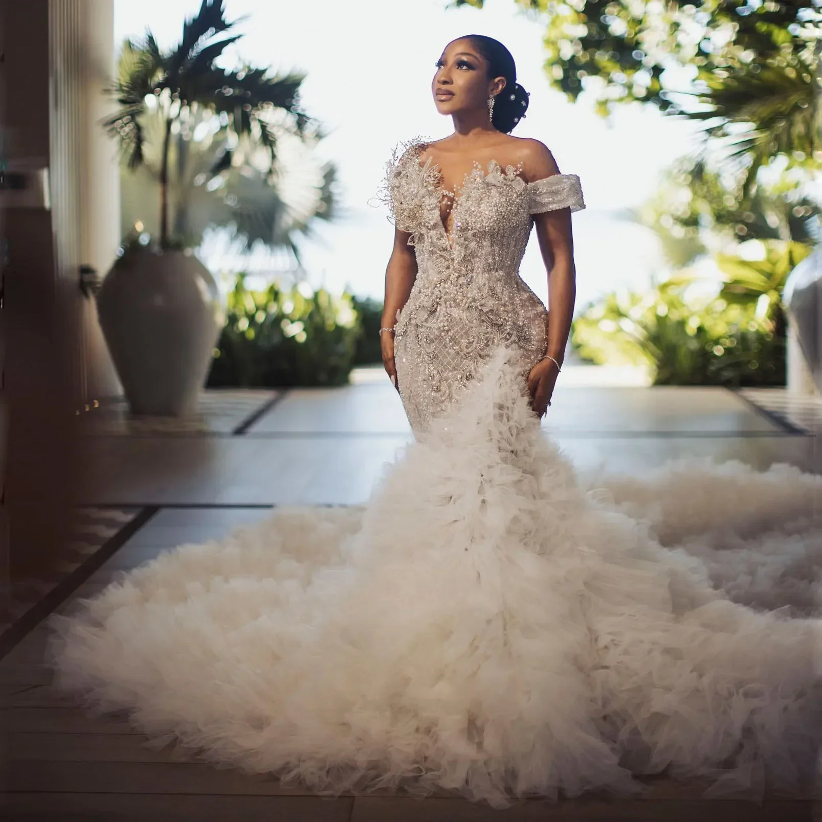 2026 Off The Shoulder Long Ruffled Tulle Train Beaded Bridal Gown Formal Occasion Dress Luxury Pearls Mermaid Wedding Dresses