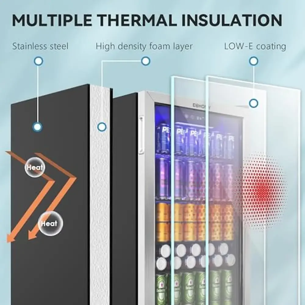 Glass Door Beverage Mini Fridge Cooler with Adjustable Shelves 126 Can Capacity Quiet Advanced Cooling System LED Lighting