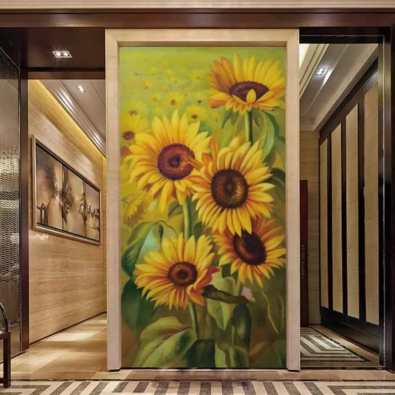 Handmade cross stitch finished product with sunflower pattern, oil painting, flower vertical version, entrance, living room