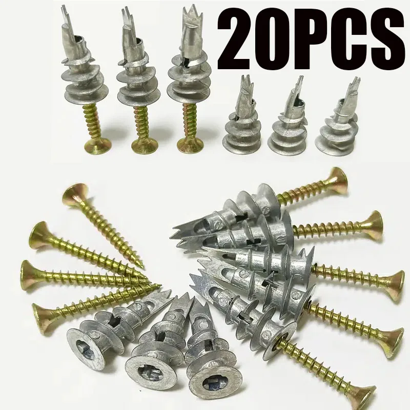 20pcs Zinc Self-Tapping Screws Drywall Anchors with Screws Kit Nail Screw Self-Drilling Heavy Duty Metal Wall Anchors Screws