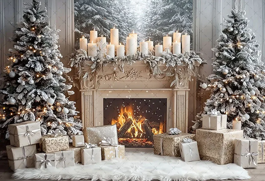 Mehofond Photography Background Christmas Fireplace Snow Window Xmas Tree Children Family Portrait Decor Backdrop Photo Studio