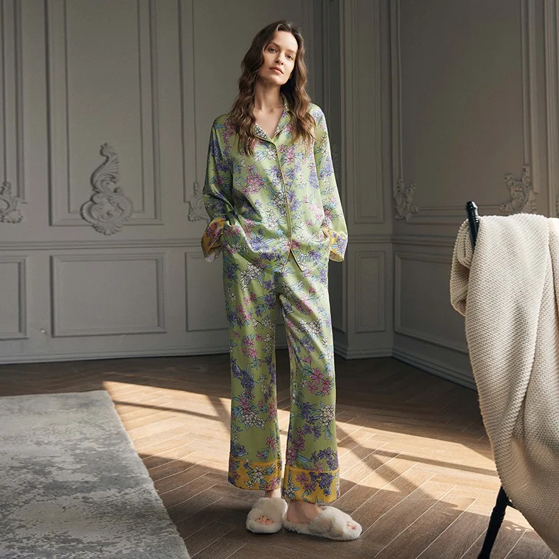 New Floral Temperament Long Sleeve Loungewear Set Shirt Collar, 100% Mulberry Silk 19mm Thickness Style Code Fashion Cozy XL Si