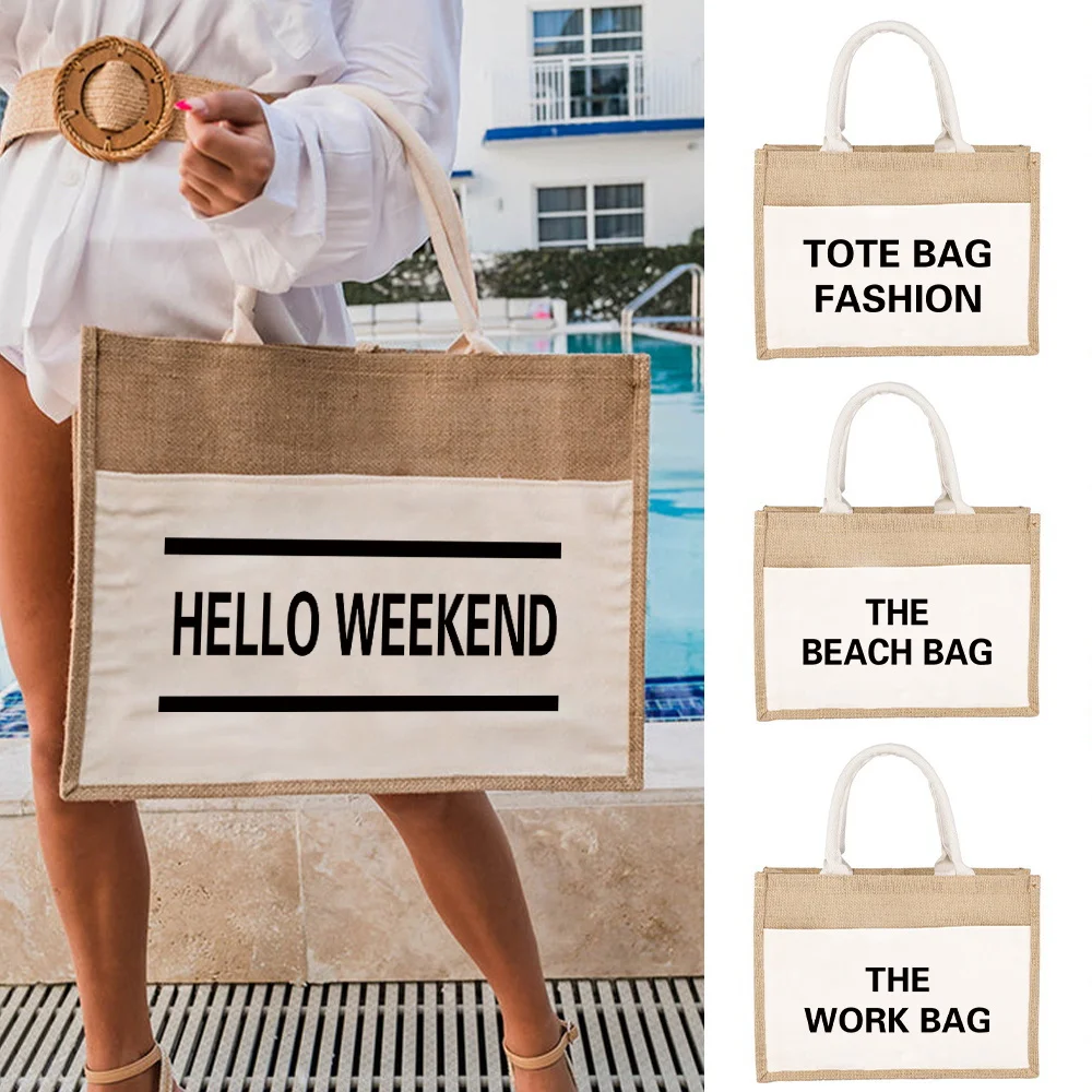 Burlap Eco Shopping Bags Tote Bag Jute Vintage Reusable Imitation Sacks Grocery Organizer Print Text Series Beach Handbags