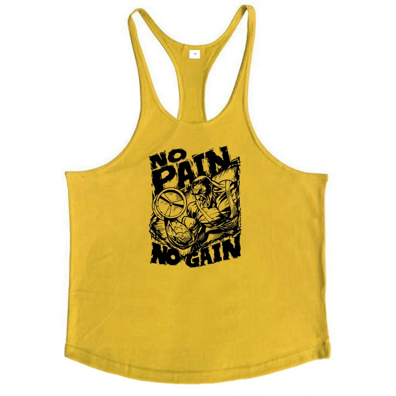 NO PAIN NO GAIN estampado gimnasio Fitness hombres Y-back tirantes camisetas sin mangas deporte chalecos de algodón sin mangas que absorben el sudor y transpirable