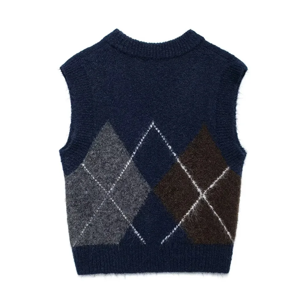 INS Fashion Preppy Style Navy Blue V Neck Sleeveless Splicing Color Casual Argyle Short Women Knit Vest Top ZATAF 2024 Nowość