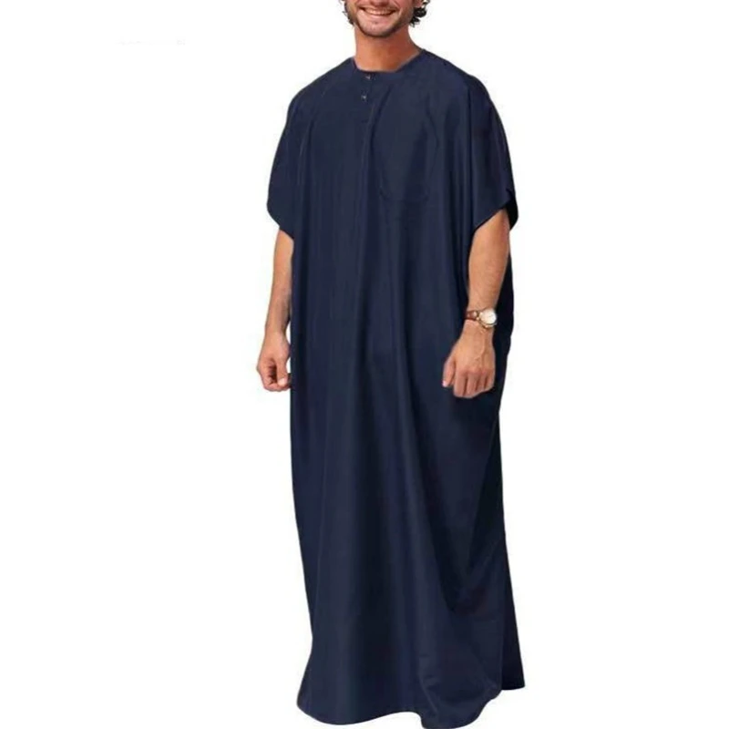 Summer New Large Size Men's 200KG Muslim Middle East Arabian Dubai Dress Stand Collar Short Sleeve Pocket Loose Retro Muslim Robe