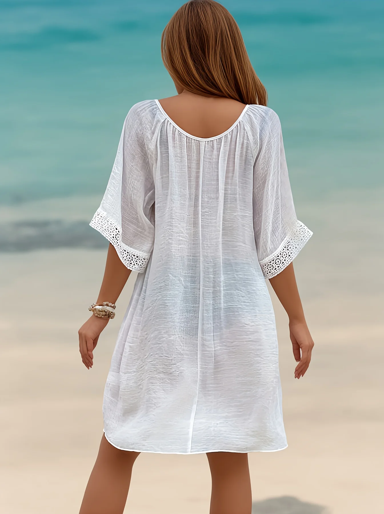 Tassel Tie Neck Contrast Lace Cover Up Dress, Elegant Half Sleeve Oversized Dress, Women's sand barsand beachClothing