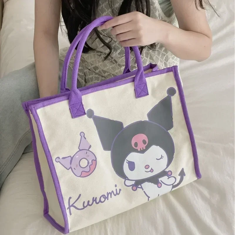 Sanrio Cartoon Kuromi Hello Kitty Printed Canvas Bag Women's Shoulder Bag Fashionable and Versatile Underarm Tote