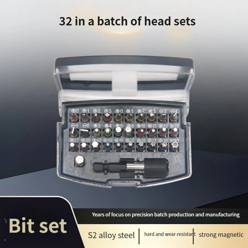 

32-PieceS Bit Set Hardware Tool Gift Box S2 Bits Slotted Cross Pozidriv Torx Hexagon Sockets