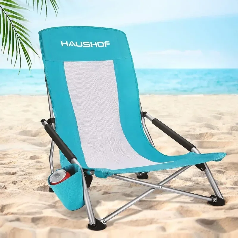 HAUSHOF High Back Beach Chair, Mesh Back Folding Chair, Lightweight Low Seat Camping Chairs with Cup Holder, Carry Bag, Padded