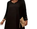 Women\'s 1XL-5XL Plus Size New Round Neck Long Sleeve Dress Fashion Hollow Solid Color Dress Casual Loose Dress Women