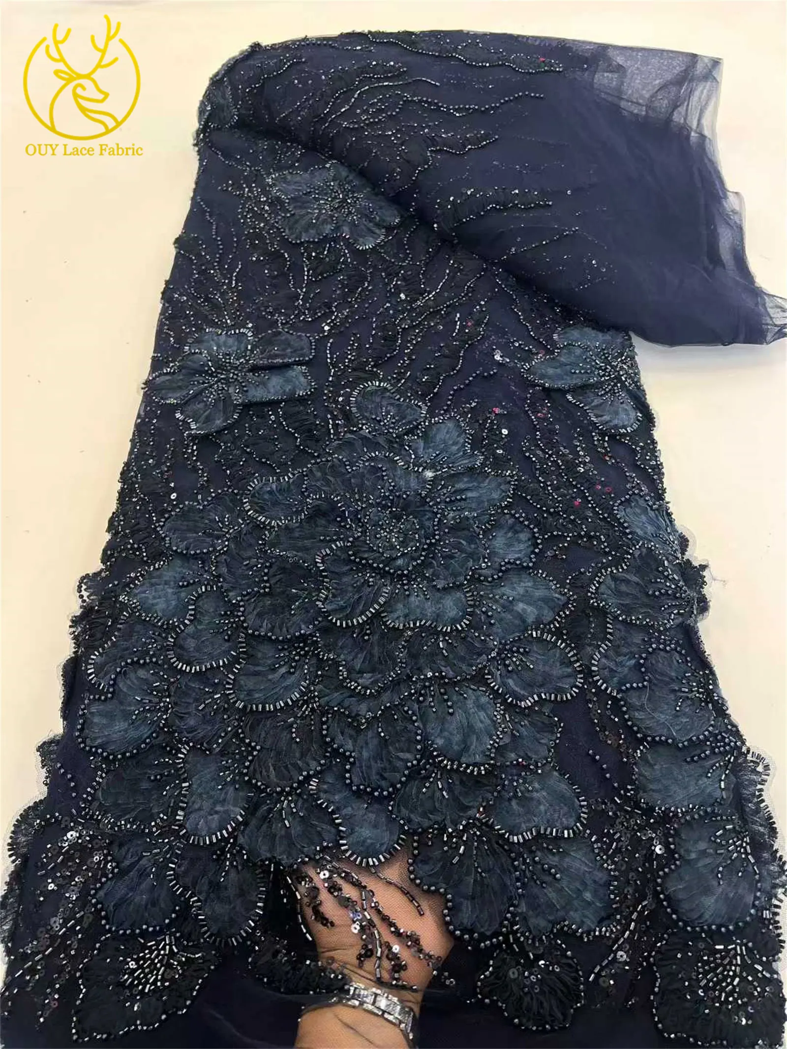 Luxuriöser Afrikanischer 3D-Blumenspitzenstoff 2026 Hochwertige Nigerianische Perlen-Pailletten-Netzspitze für Damen-Party- und Hochzeitskleider – Detail 8