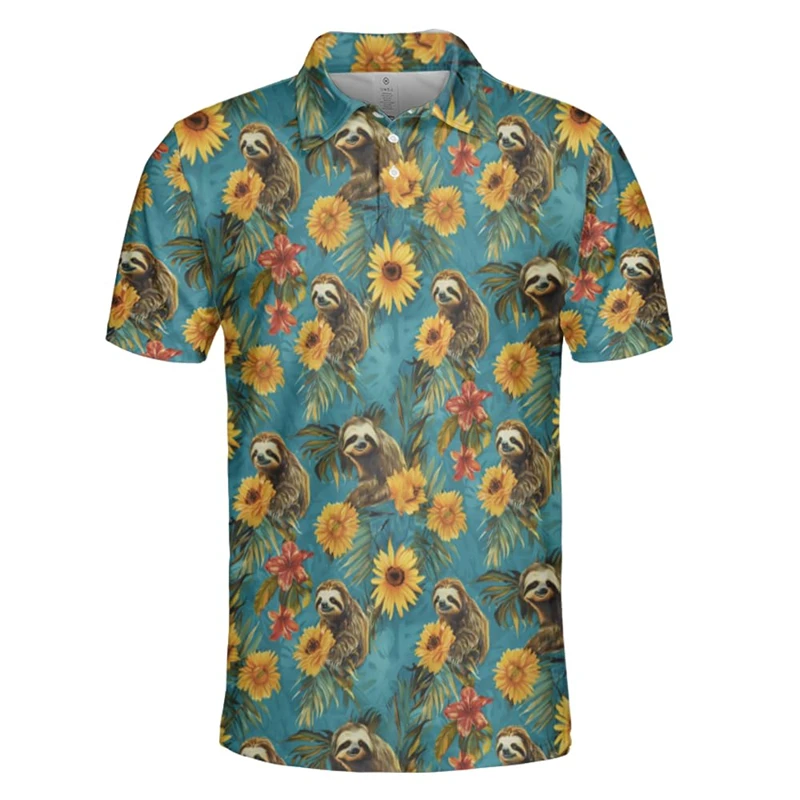 Cute Sloth 3D Printed Polo Shirt For Men Children Cartoon Animal Pattern Short Sleeves Lapel Tees Casual Street Button Shirts image 2