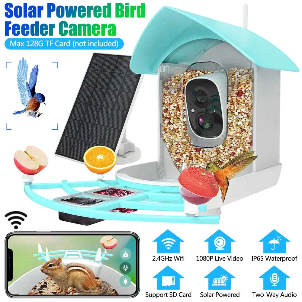 Smart Bird Feeder Camera with Solar Panel Wifi Wireless 1080P HD Bird Watching Camera Auto Capture Bird Videos Motion Detection