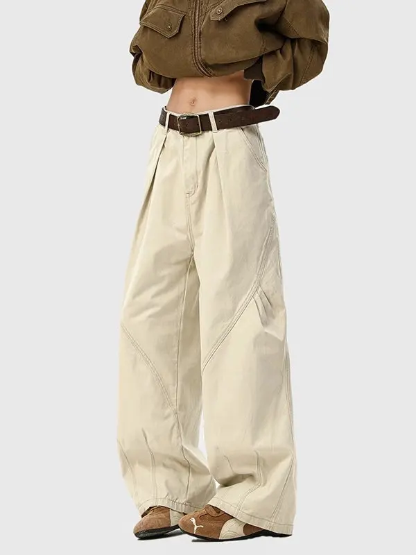 

Мужские брюки в стиле американского ретро: плиссированные, светло-бежевые, в стиле парашютного снаряжения, модные, свободные, широкие, в пол, повседневные