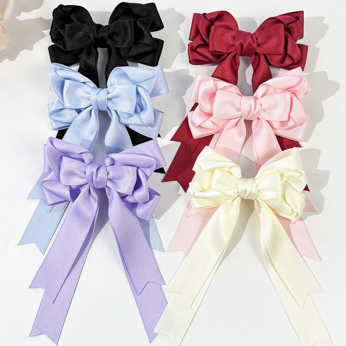 24PCs Long Ribbon Bow Hair Clips Handmade Tassel Side Hairgrips for Girls Women Bulk Hair Accessories