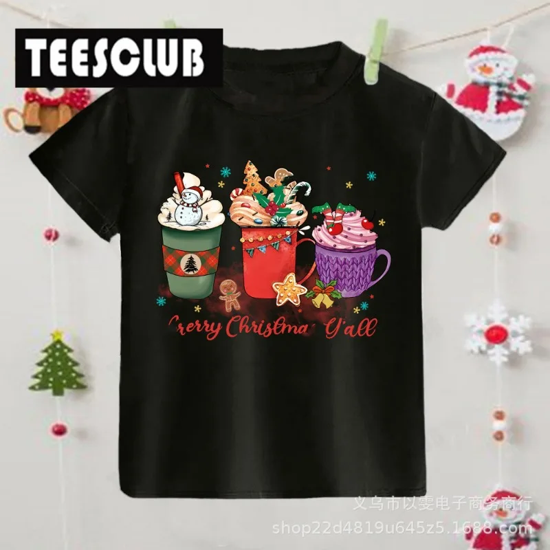 Christmas Coffee T Shirt Christmas Santa Coffee Print Short Sleeve Family T-shirt Boys Clothes  Girl Clothes