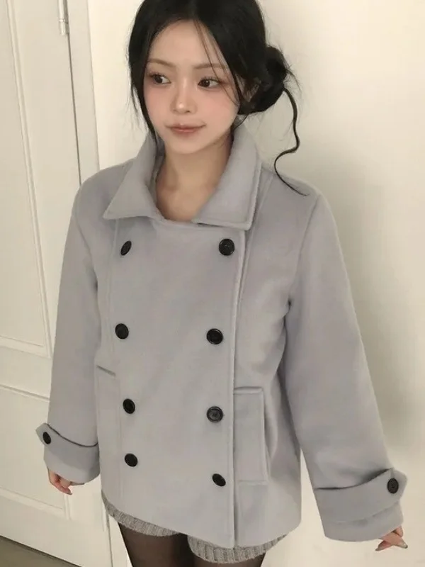 

Милое японское шерстяное пальто в студенческом стиле для женщин, ретро-дизайн, с отложным воротником, на двух пуговицах, укороченное, из хлопка и шерсти