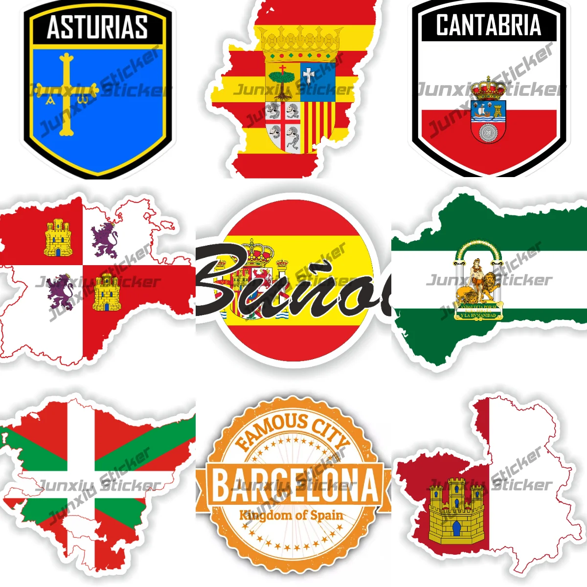 

Madrid Barcelona Andalucia Round Seal Flag Sticker Aragon Asturias Map Spain Map Decal for Laptop Book Fridge Guitar Motorcycle