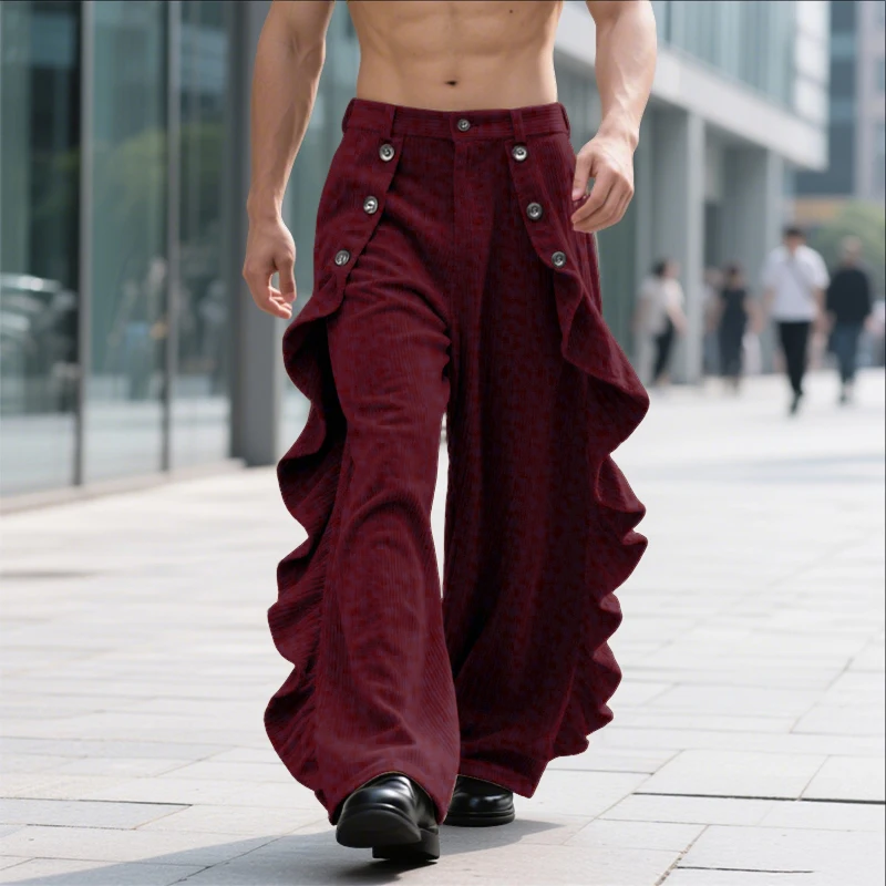 INCERUN Men Pants Solid Color Button Joggers Loose Ruffle Casual Trousers Men Streetwear 2025 Fashion Leisure Straight Pants