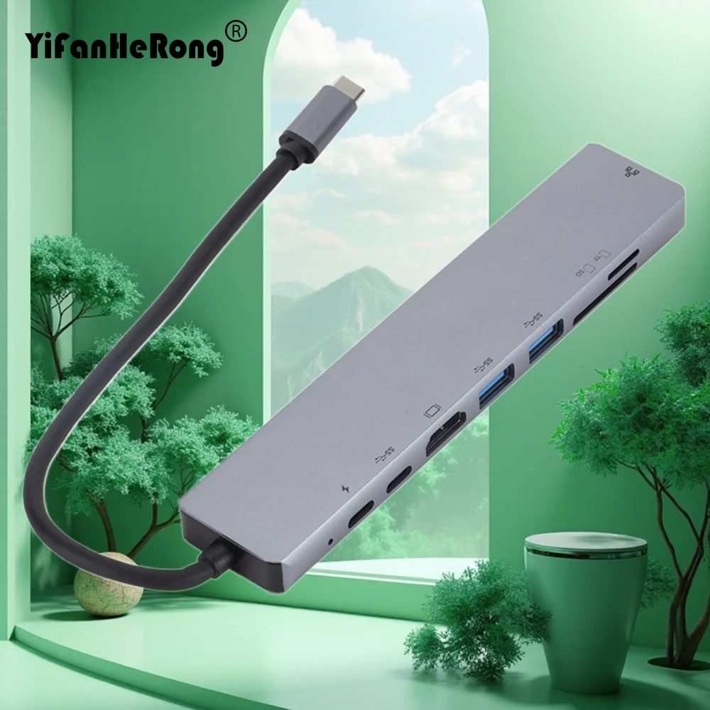 Многофункциональный USB-C хаб 8-в-1: HDMI-совместимый адаптер 4K, RJ45 LAN Ethernet, считыватель TF/SD, USB-C 3.0 для док-станций Type-C и ноутбуков