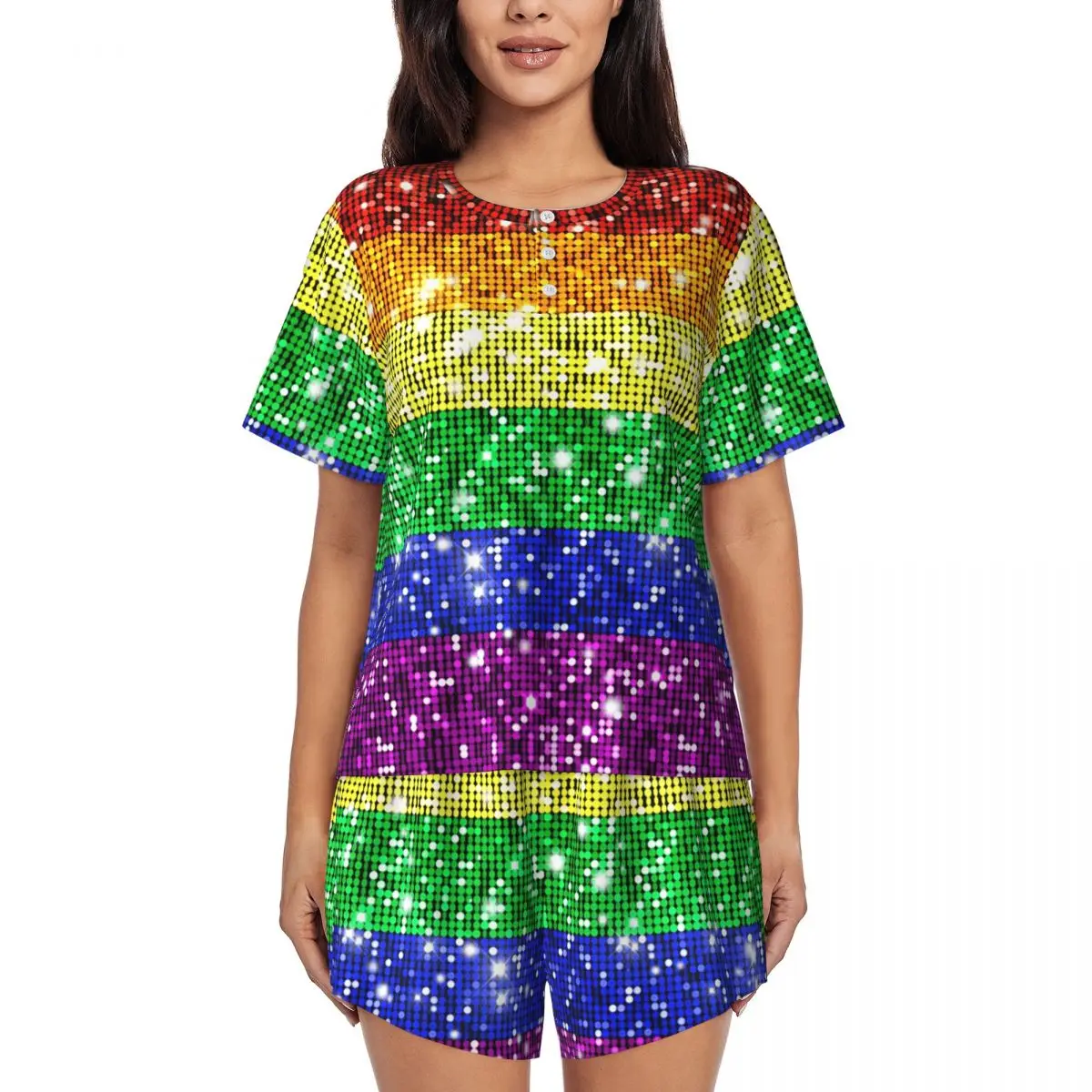 

Faux Glitter Rainbow Pride Flag LGBT Gay Lesbian Round Neck Short Sleeve Nightgowns for Sleeping Women Pajama Set Short Pants