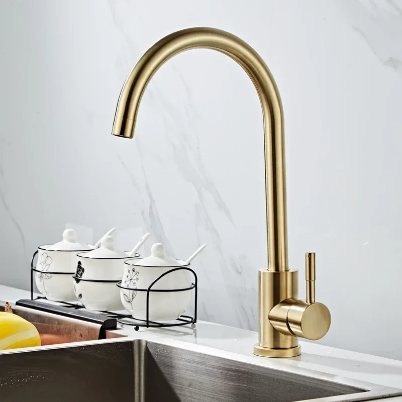 

Kitchen Faucet Swivel Stainless Steel Sink Rotating Bathroom Basin Mixer Tap Brushed Gold