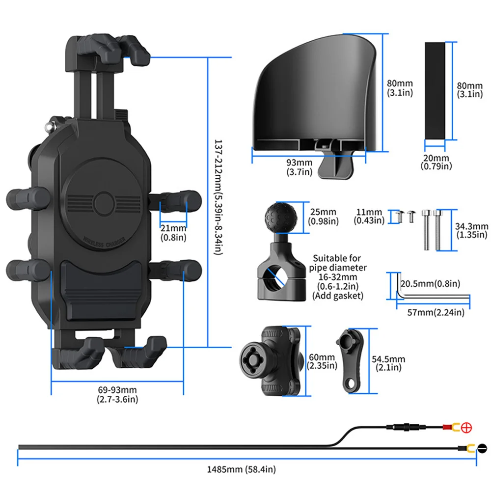 ‌15W Wireless Charging Motorcycle Phone Mount Anti-Theft & Octopus Shock Absorber Handlebar Bracket USB-A+C Ports for E-Bike