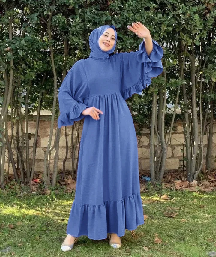 

Muslim Fashion Robes Ruffled Patchwork Abaya Long Dresses Women Lace-up Dubai Abaya Casual Dress for Women Vestidos Elegantes