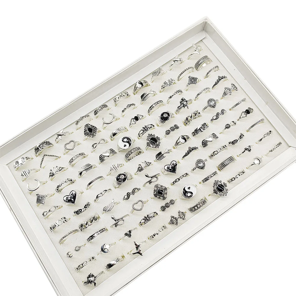 50pcs/Lot New Mix Style Black White Enamel Gossip Heart Wing Vintage Finger Rings for Women Plane Crown Chain Joint Ring Gifts