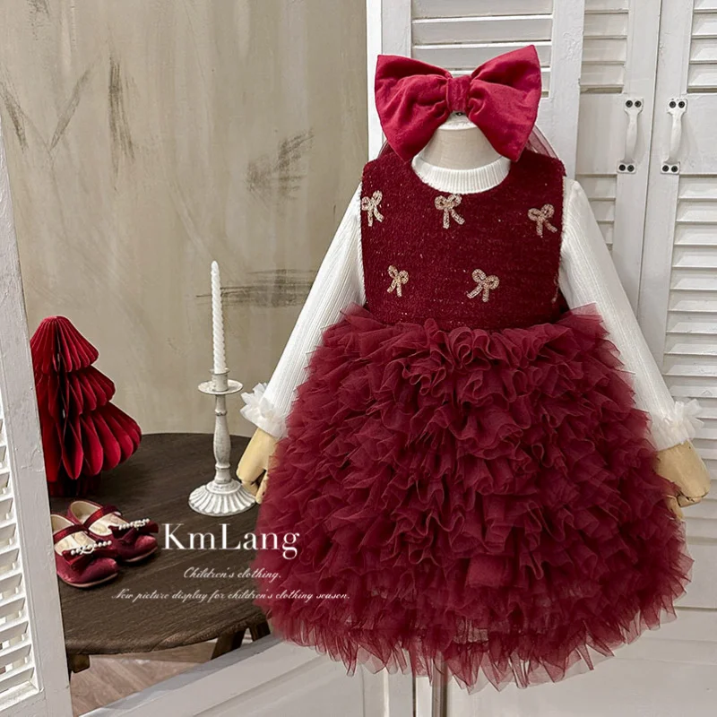 

Girls' Dress2025Winter Red Fleece-Lined Mesh Dress for Children Princess Dress with Bow for Toddlers and Young Girls