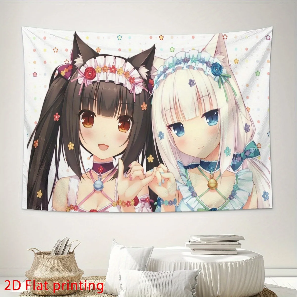 Anime Cat Girls Tapestry Kawaii Japanese Cartoon Wall Hanging Cute Maid Outfit Chibi Characters Room Decor Otaku Gift Idea