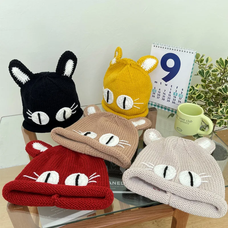 Hand-knitted Cat Ears Knitted Cap Couple Autumn and Winter Wool Cap Cute Weird Thickened Warm Ear Protection Hat